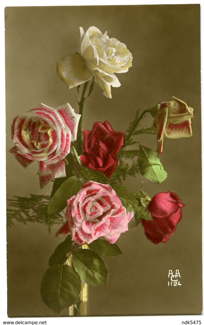 FLOWERS : VASE OF ROSES (HAND-COLOURED) - Flowers