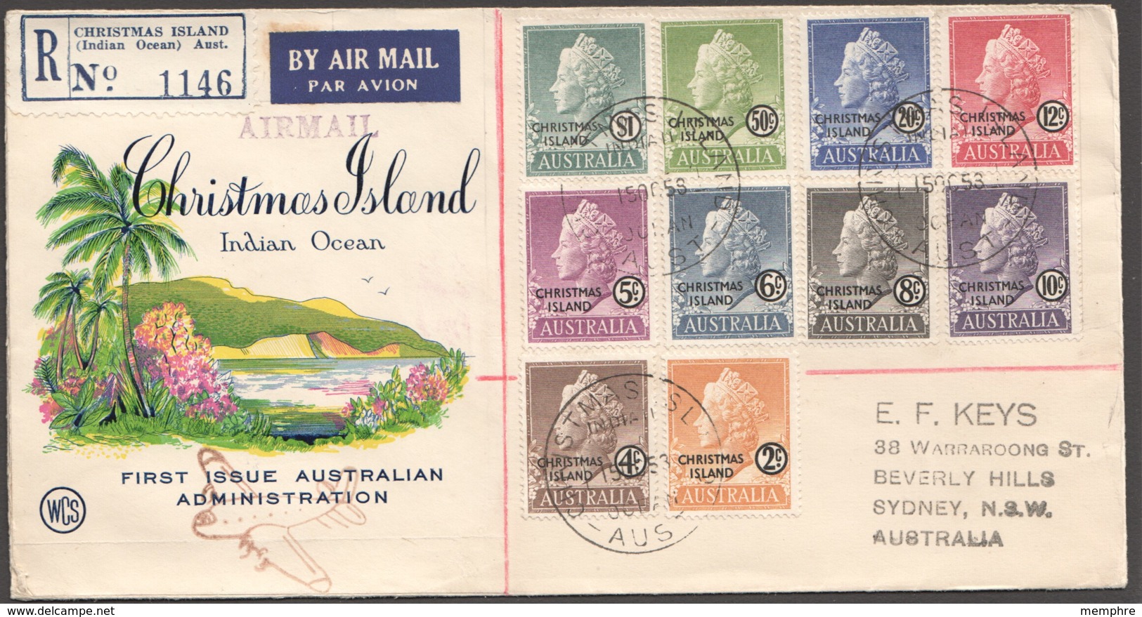 1958  Complete Set Of Overprinted Stamps SG 1-10 On WCS First Day Cover To Australia - Christmas Island