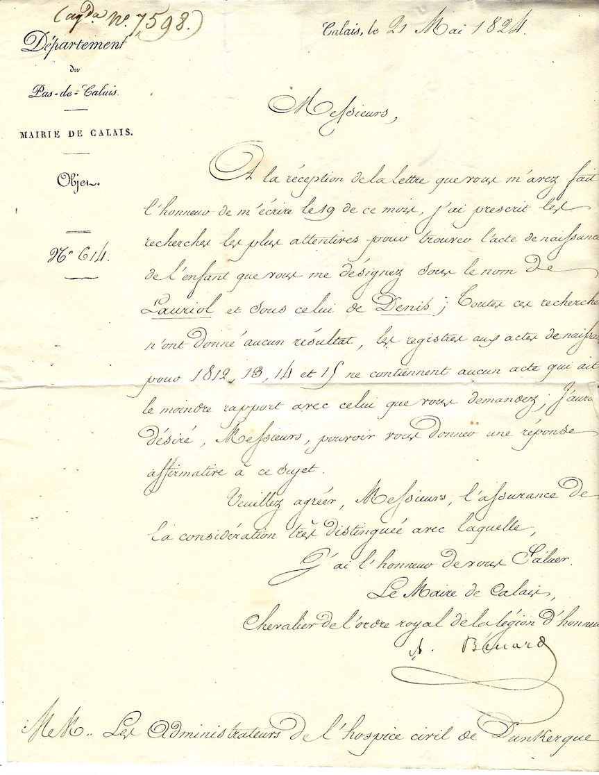 1824- Lettre De  61 / CALAIS ( Pas De Calais )29 X 11 Mm  De La Mairie  Au Sujet D'un Enfant Disparu Pour L'Hospice - 1801-1848: Precursors XIX