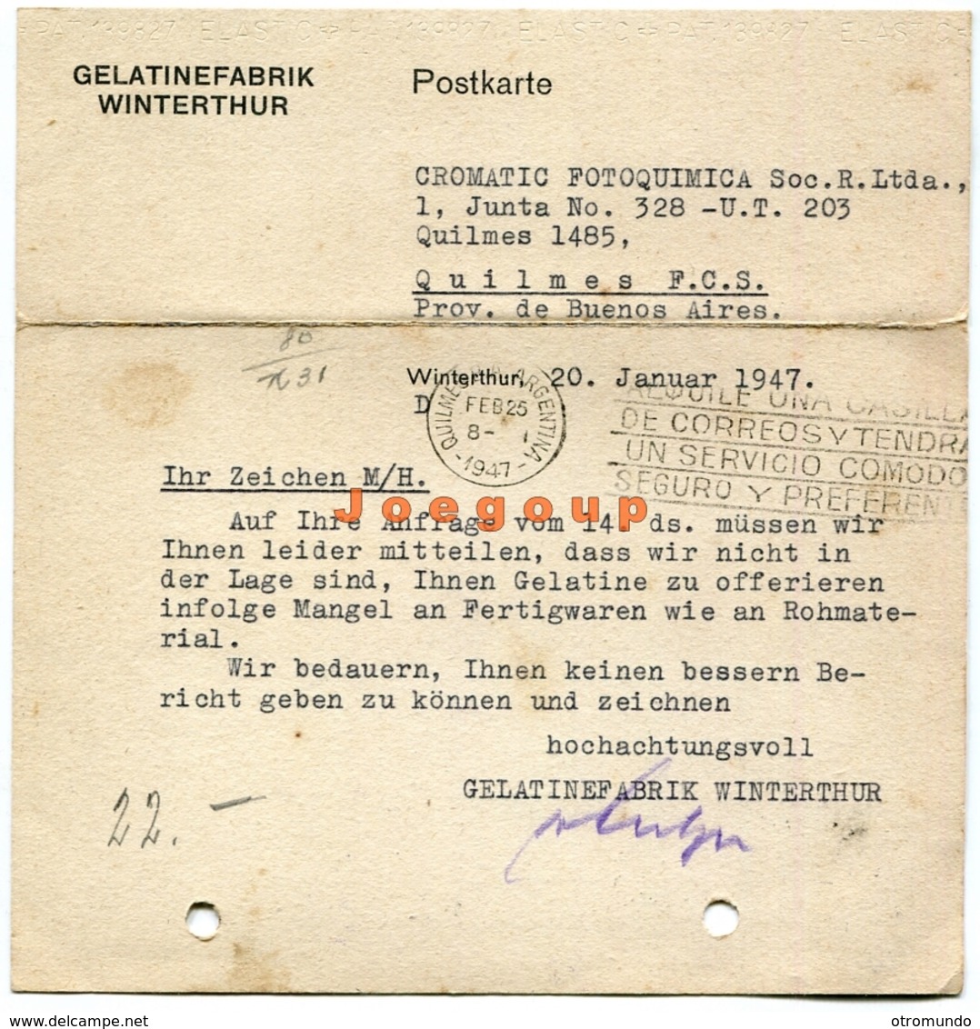 Postkarte Luftpost Gelatinefabrik Winterhur Schweiz Helvetia 1947 Quilmes Argentina Poststempel - Oblitérés