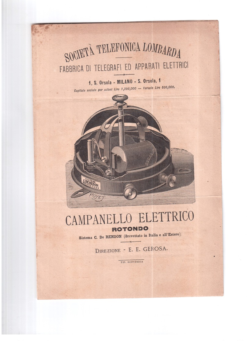 CAMPANELLO ELETTRICO SOCIETA' TELEFONICA LOMBARDA  FINE 800 ORIGINALE DEPLIANT PUBBLICITARIO - Altri Apparecchi