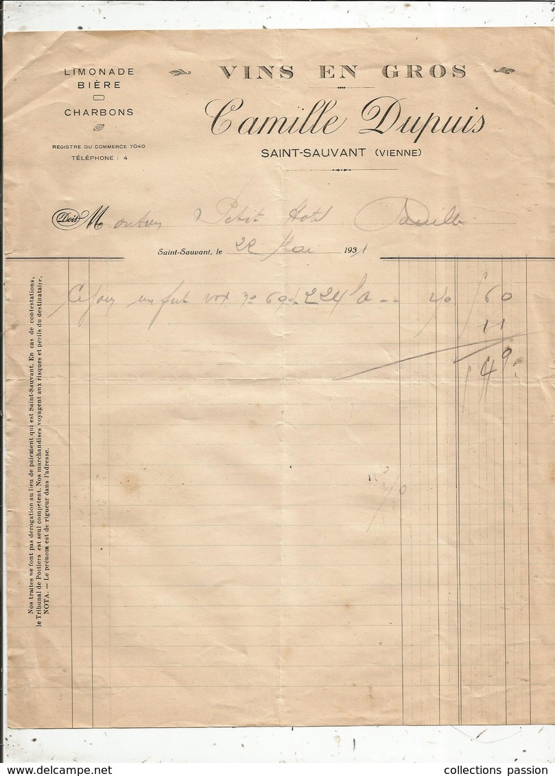 Facture ,  1931 , Vins En Gros , Camille DUPUIS ,  SAINT SAUVANT , Vienne  ,  Frais Fr : 1.45 E - 1900 – 1949