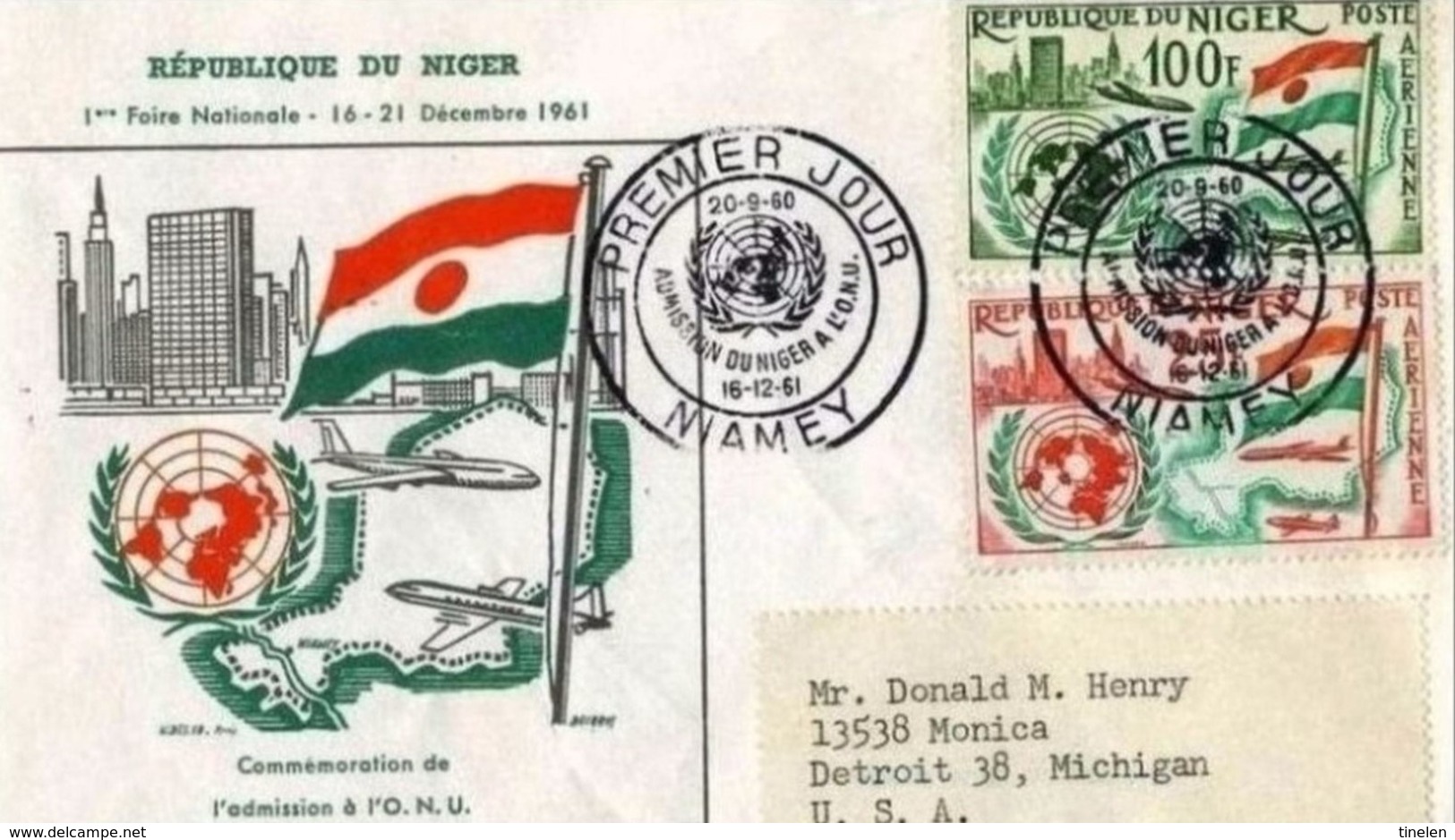 ONU - NIGER FDC 16 12 1961  AMMISSIONE NIGER ALL'ONU -RACCOMANDATA VIAGG ESTERO - Niger (1960-...)