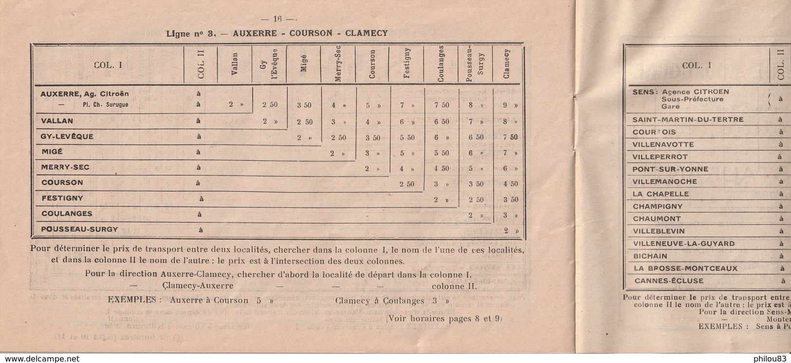 Service Des Autocars CITROEN - 1932 - AUXERRE SENS JOIGNY - Horaires Et Tarifs - Descriptif Des Haltes - Europe