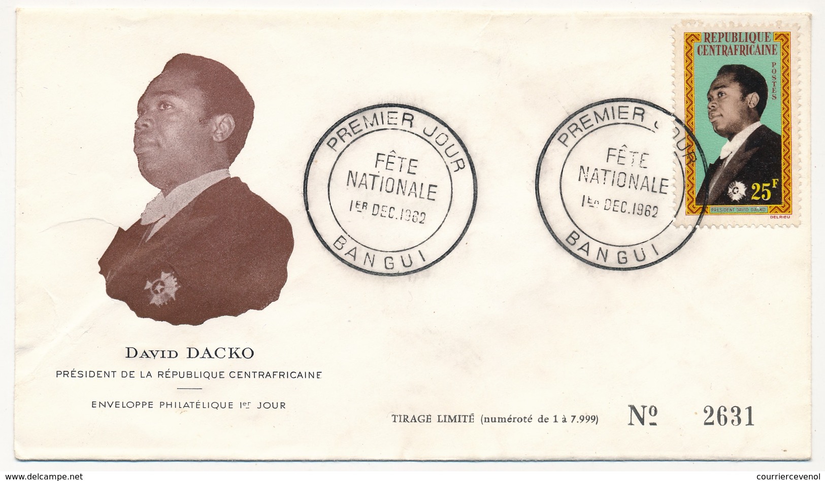 REP CENTRAFRICAINE => FDC - David Dacko, Président De La République - 1er Décembre 1962 - Bangui - Centraal-Afrikaanse Republiek