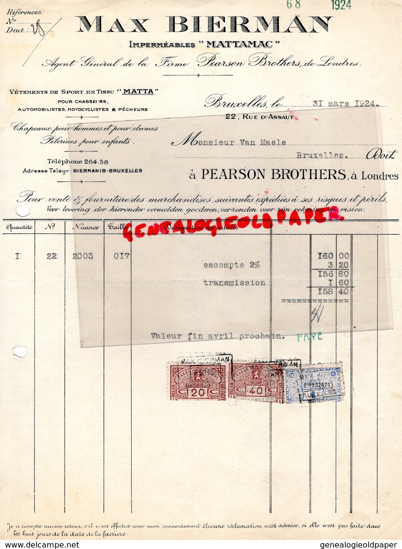 BELGIQUE- BRUXELLES- RARE FACTURE MAX BIERMAN-IMPERMEABLES MATTAMAC-MATTA- FIRME PEARSON BROTHERS DE LONDRES-1924 - Straßenhandel Und Kleingewerbe