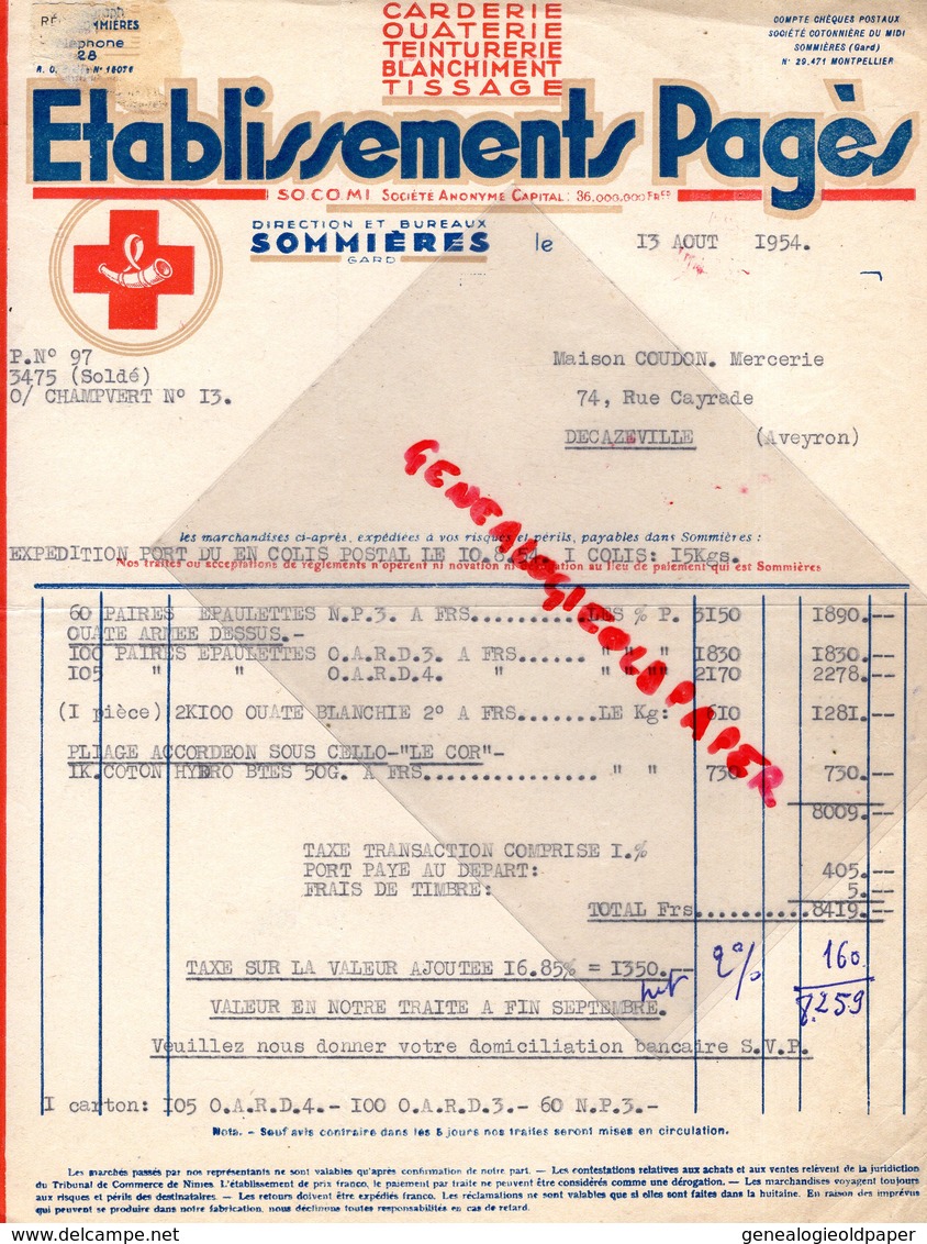 30 - SOMMIERES - FACTURE ETS PAGES - TISSAGE CARDERIE OUATERIE- TEINTURERIE - CROIX ROUGE- 1954 - 1900 – 1949