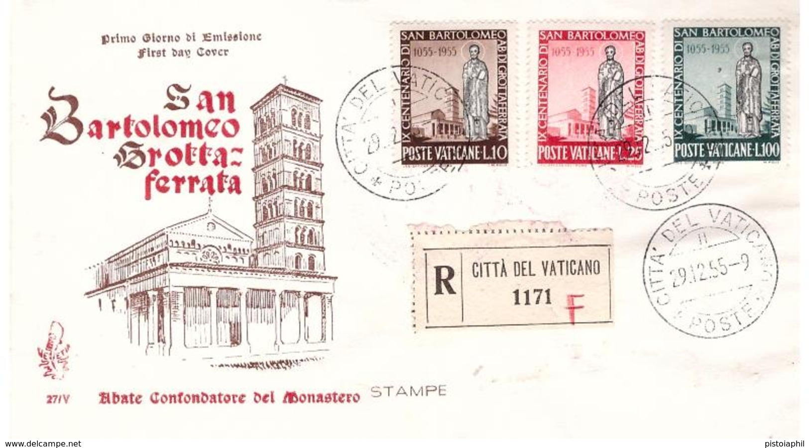 FDC Venetia Vaticano 1955 S. BARTOLOMEO GROTTAFERRATA; N° 27 - Raccomandata ESTERA - FDC