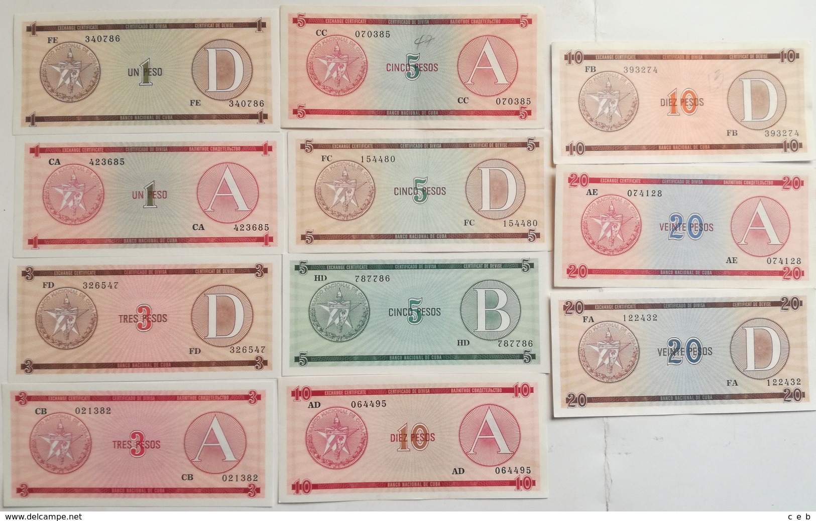 Lote 11 Billetes Cuba. 1985. 1 Peso. Serie A Y D. 3 Pesos. Serie A Y D. 5 Pesos. Serie A, B Y D. 10 Pesos. Serie A Y D. - Cuba