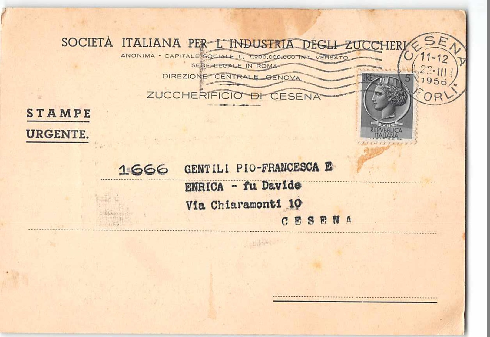 6973 01  SOC. ITALIANA PER L'INDUSTRIA DEGLI ZUCCHERI ZUCCHERIFICIO DI CESENA - 1946-60: Storia Postale