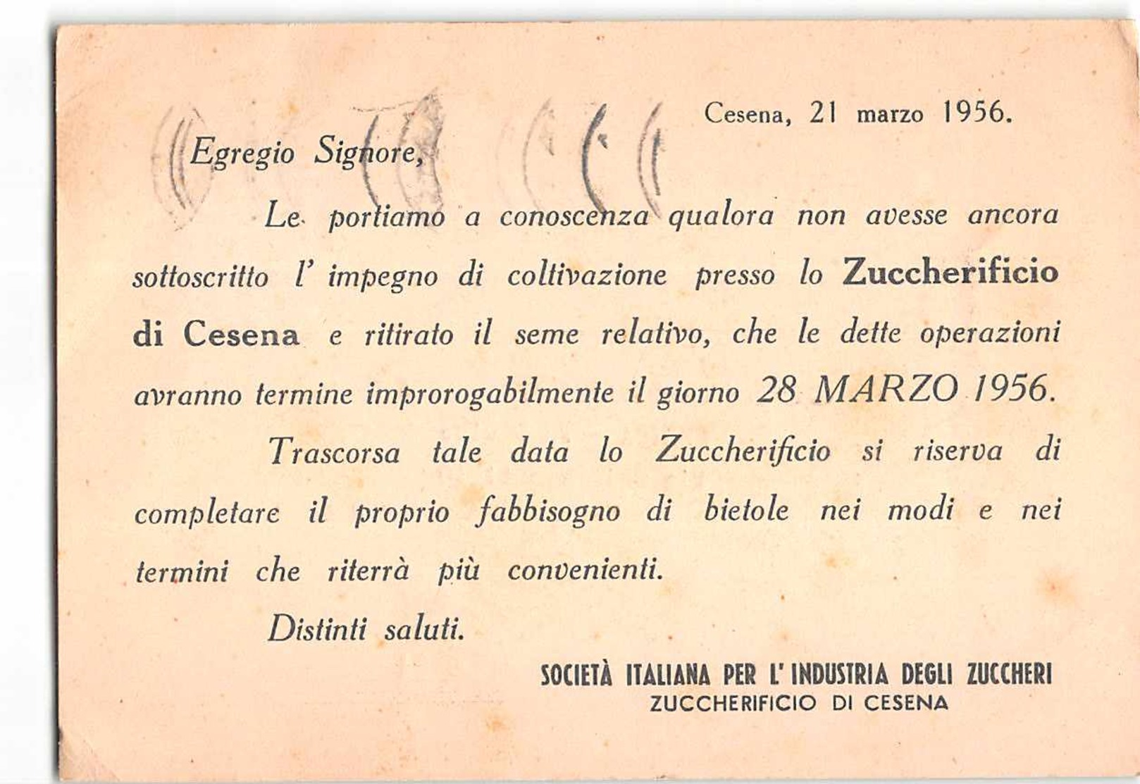 6973 01  SOC. ITALIANA PER L'INDUSTRIA DEGLI ZUCCHERI ZUCCHERIFICIO DI CESENA - 1946-60: Marcofilie