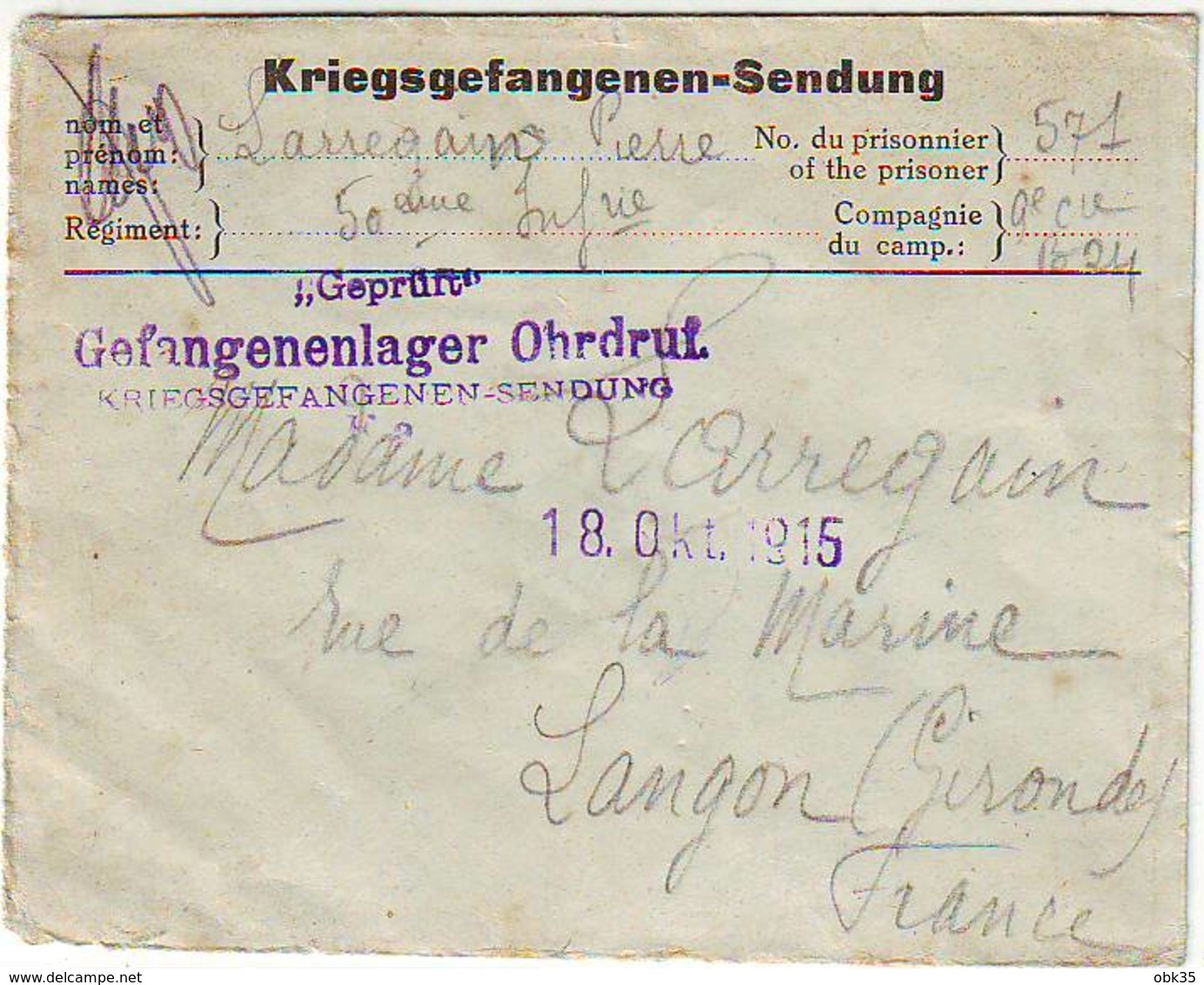 LETTRE KRIEGSGEFANGENEN PRISONNIER DE GUERRE POUR LANGON GIRONDE - 18/10/1915 - Guerre De 1914-18