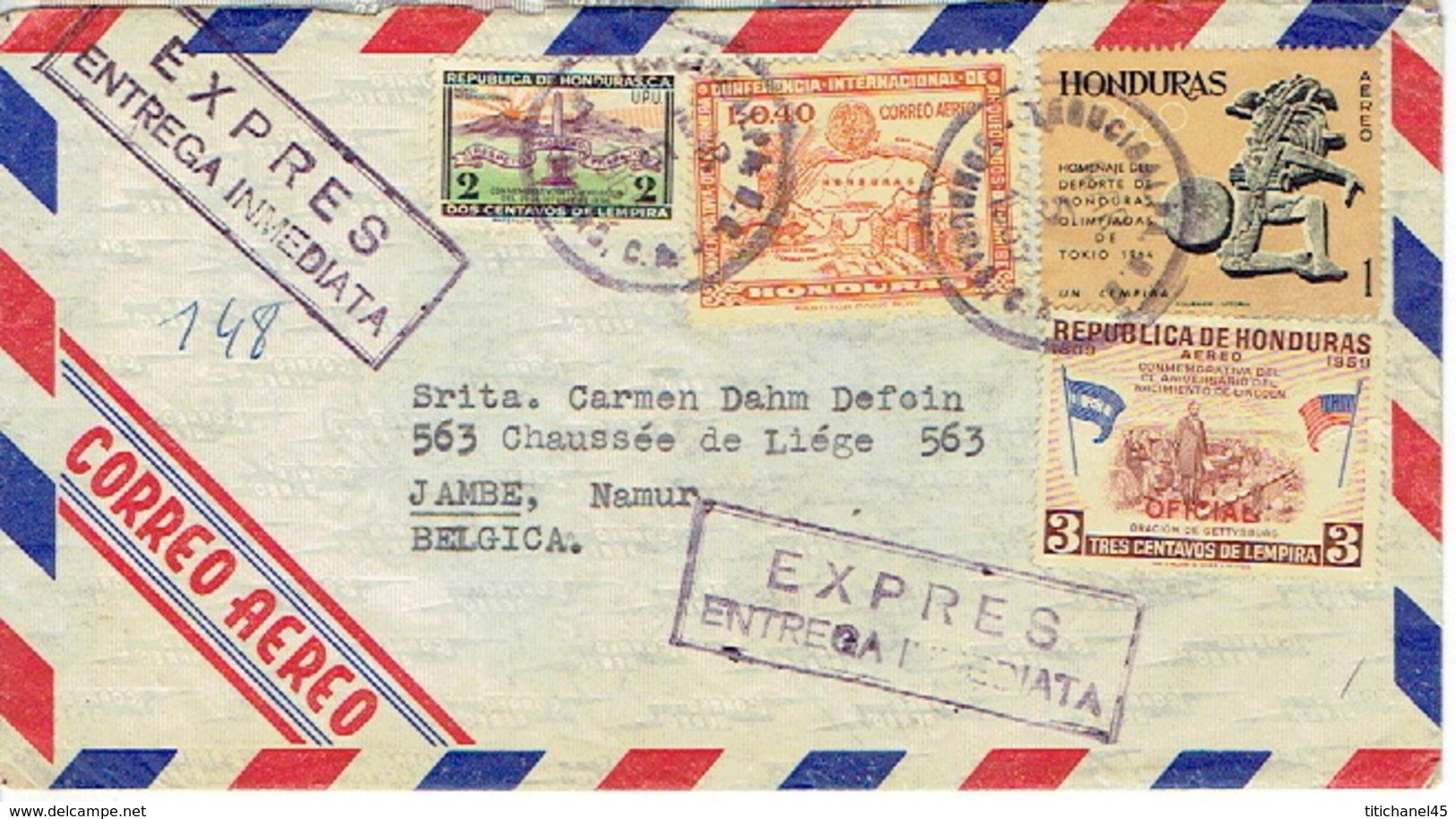 1965 EXPRESS AIR MAIL HONDURAS Cover Multi Stamps TEGUCIGALPA To JAMBE (Belgium) - Honduras