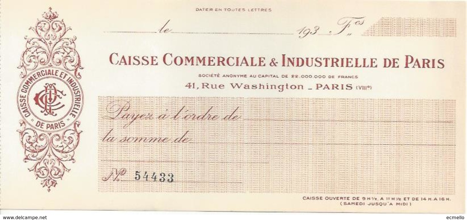 FRANCE  CHECK CHEQUE CAISSE COMM. & INDUSTRIELLE DE PARIS 1930'S LARGE - Assegni & Assegni Di Viaggio