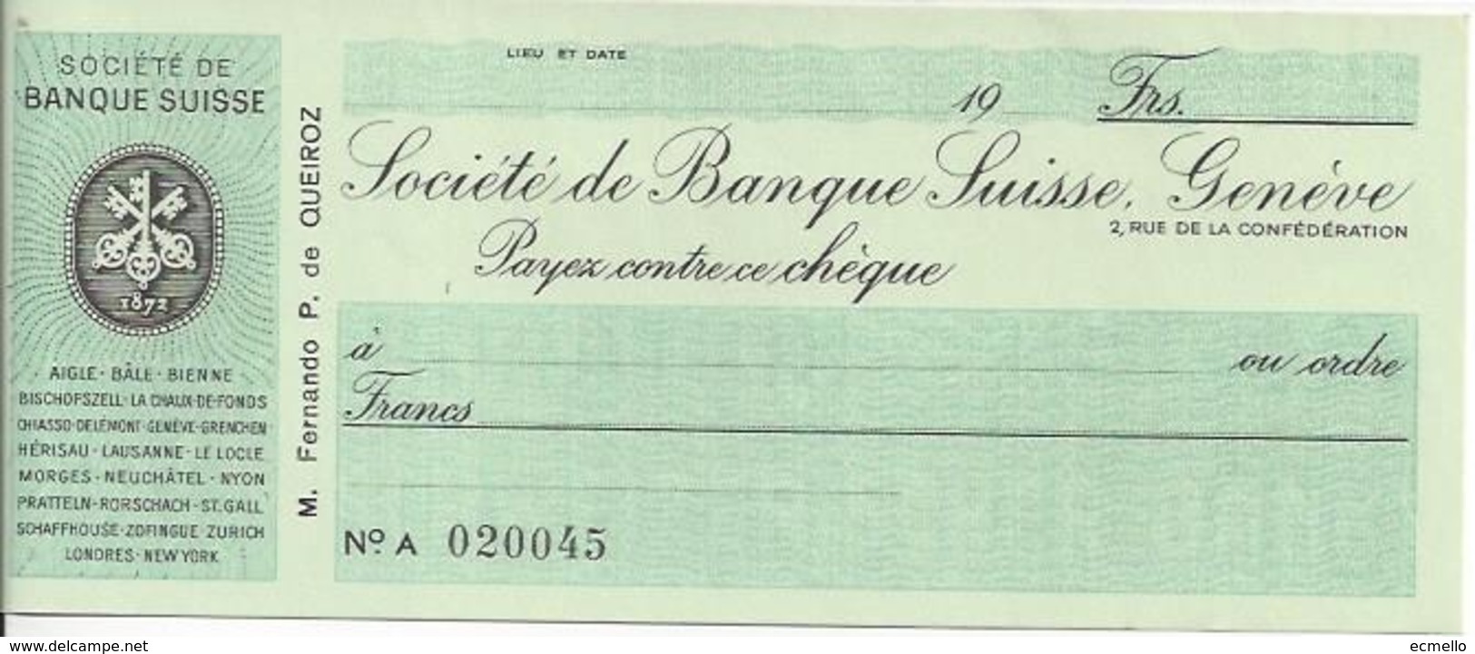 SWITZERLAND CHECK CHEQUE SOCIETE DE BANQUE 1960'S GENEVE - Chèques & Chèques De Voyage