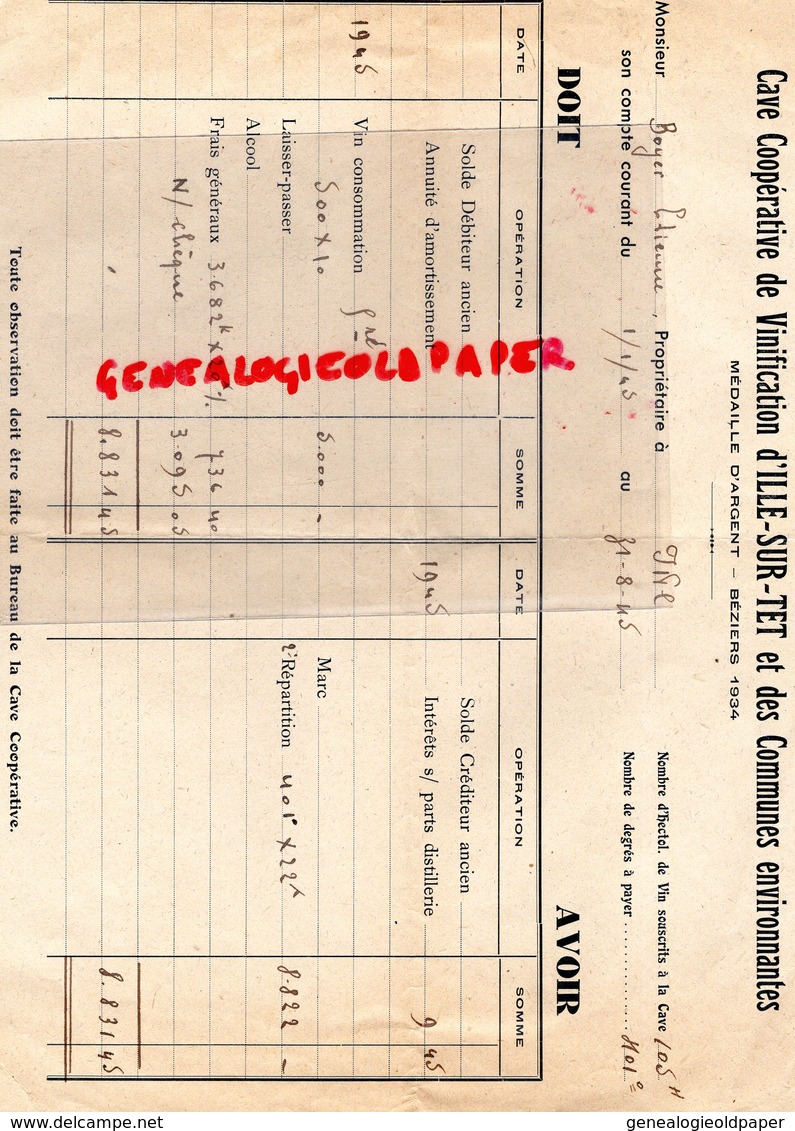 34- BEZIERS- RARE FACTURE CAVE COOPERATIVE VINIFICATION ILLE SUR TET- 1934  ETIENNE BOYER 1945 - Alimentare
