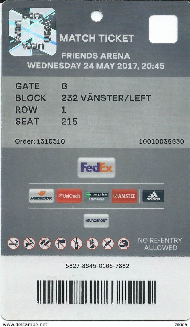 UEFA Europa League Final.VIP Match Ticket ( Plastic ) - Football Mach - Ajax Vs Manchester United - Stockholm 2017.RARE - Biglietti D'ingresso