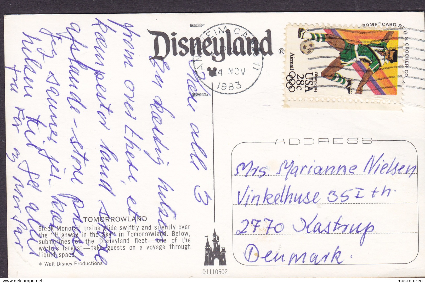 United States PPC Tomorrowland Disneyland ANAHEIM Calif. 1983 KASTRUP Denmark Olympic Games Football Fussball (2 Scans) - Anaheim