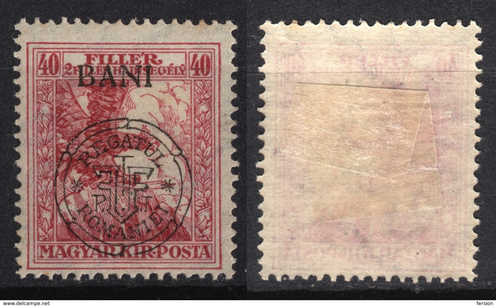 1919 Roman Occupation - Hungary - Cluj Napoca / Kolozsvár / Klausenburg  - EAGLE Sword WAR Aid - Overprint 40f BANI - Siebenbürgen (Transsylvanien)