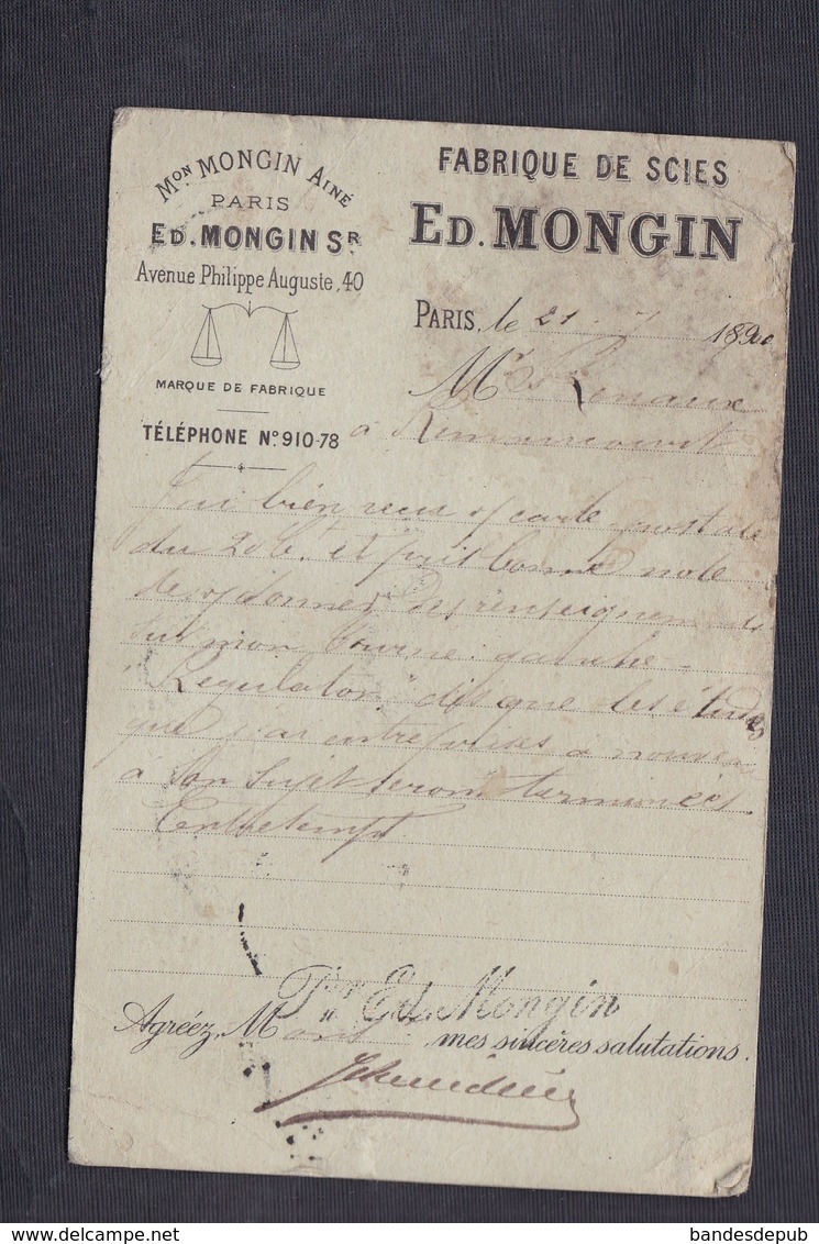 Carte Commerciale Adressé à Scierie De Rimaucourt (52) Par Mongin Fabrique De Scies Cachet Exposition Universelle 1900 - Other & Unclassified