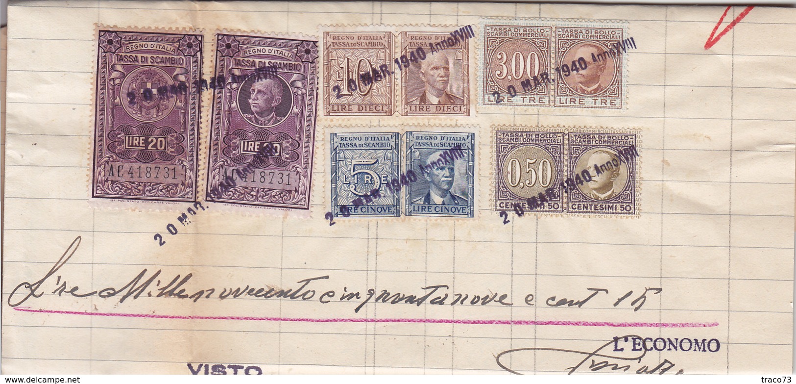 MARCHE DA BOLLO _ REGNO /  ITALY REVENUE FISCAL Su Documento Datato 1940 - Fiscali