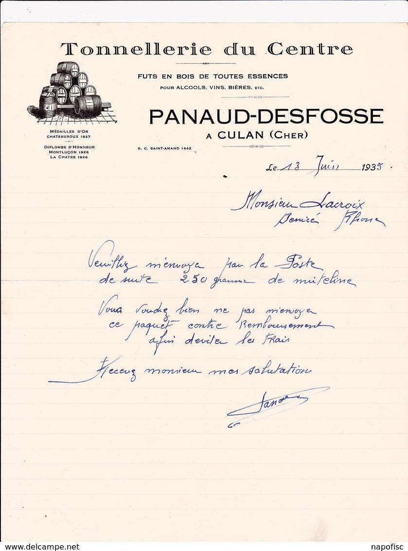 18-Panaud-Desfosse Tonnellerie Du Centre,Futs En Bois...Culan (Cher) 1935 - Petits Métiers