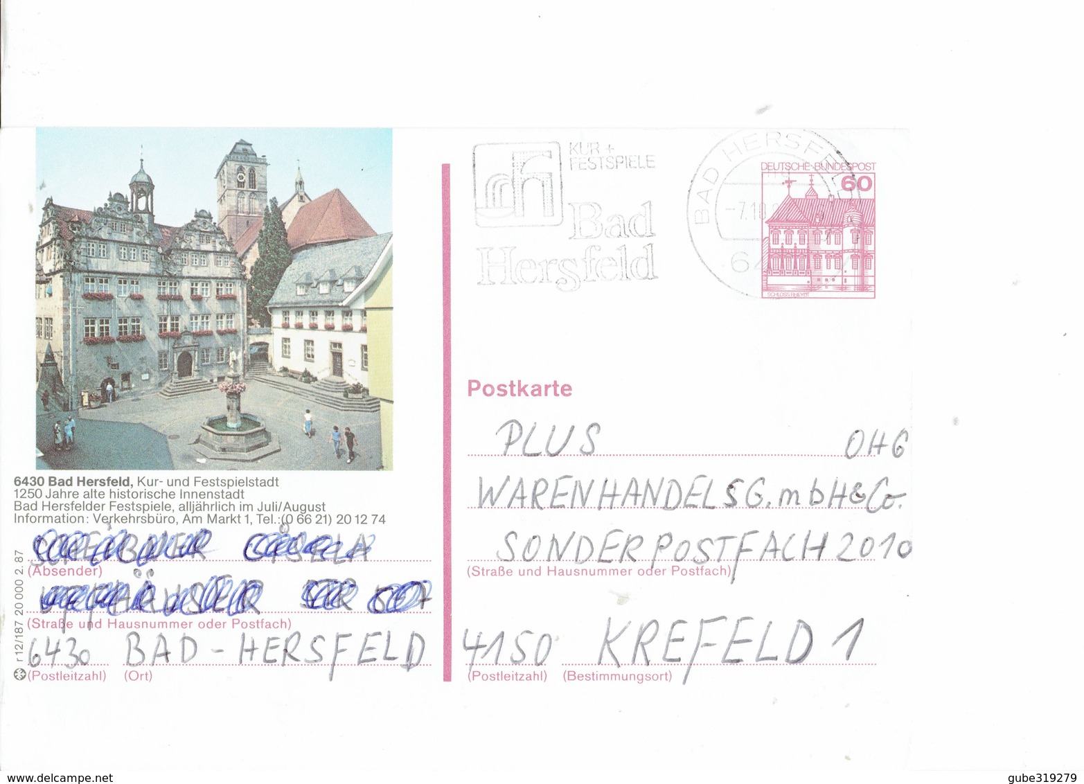GERMANY 1987 - BAD HERSFELD -POSTKARTE -OBL  "BAD HERSFELD KUR + FESTSPIELE "7.10.1987- BAD HERSGFELD 1250 JAHRE HISTORI - Bad Hersfeld