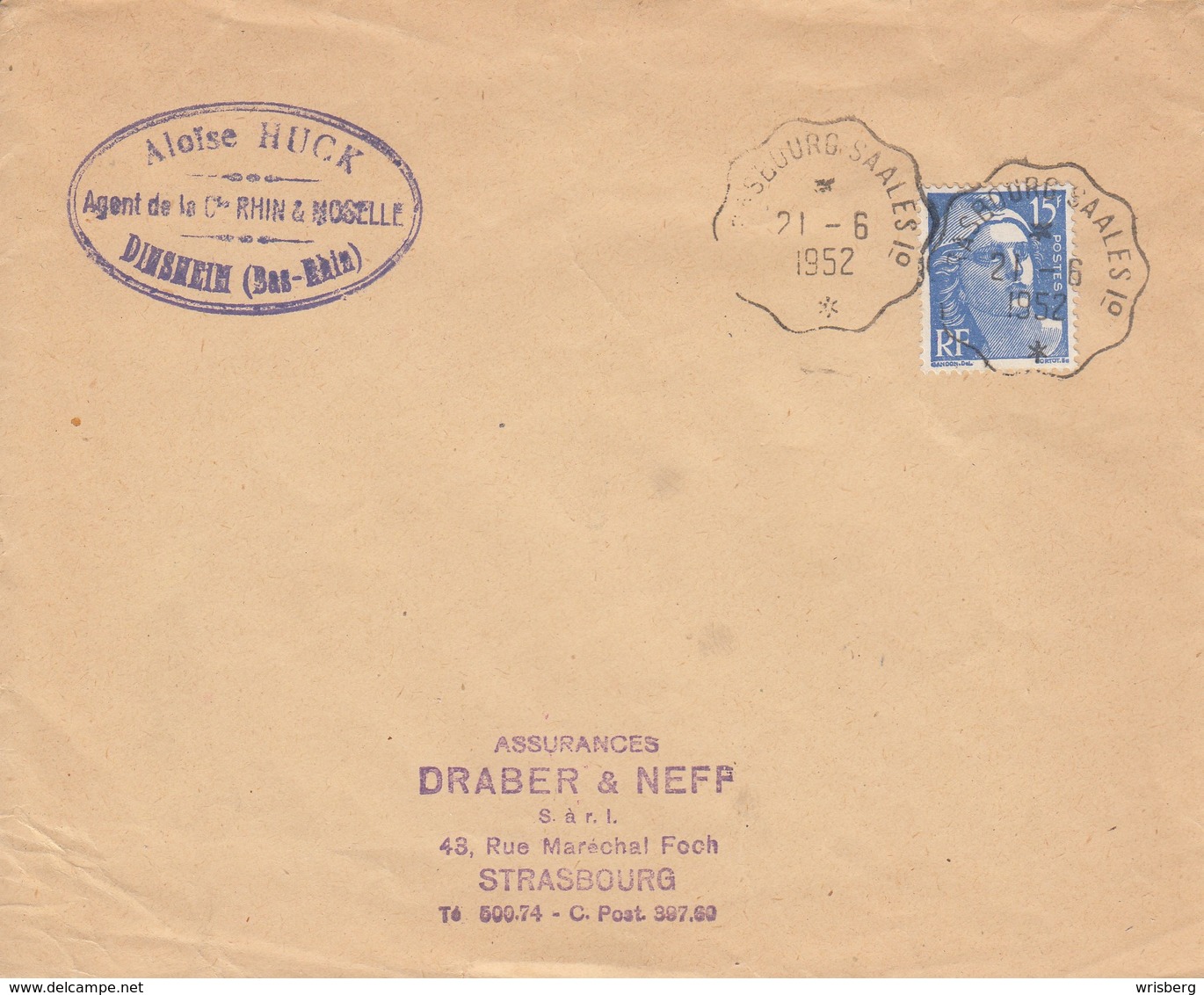 Env Affr Y&T 886 Obl STRASBOURG - SAALES 1° * [3344] Du 21.6.1952 Adressée à Strasbourg - Bahnpost