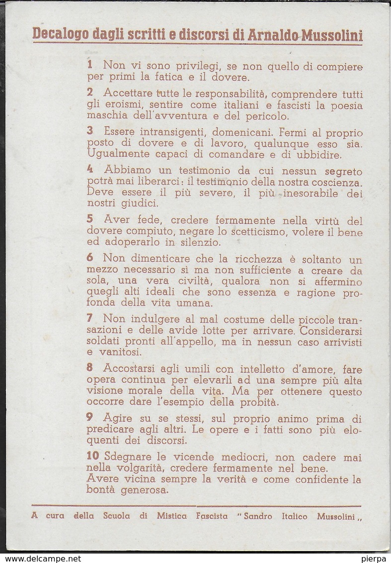 P.N.F. - FEDERAZIONE DEI FASCI DI COMBATTIMENTO CREMONA - DECALOGO SCRITTI ARNALDO MUSSOLINI - EDIZ, CREMONA NUOVA - Documenti Storici