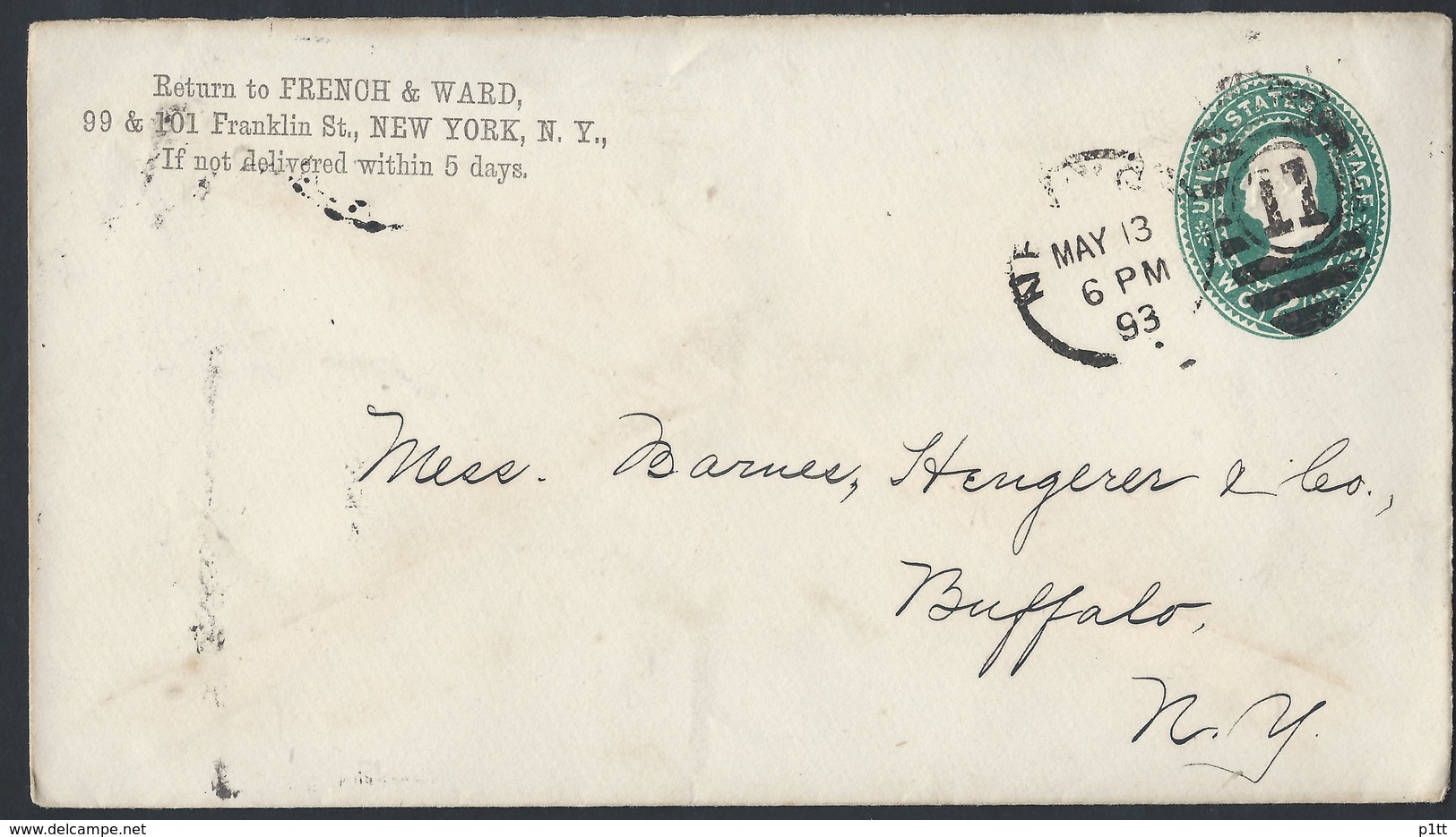 11us.Stamp Envelope 2 Cents. Passed Mail In 1893 From The City Of New York To The City Of Buffalo. - Brieven En Documenten