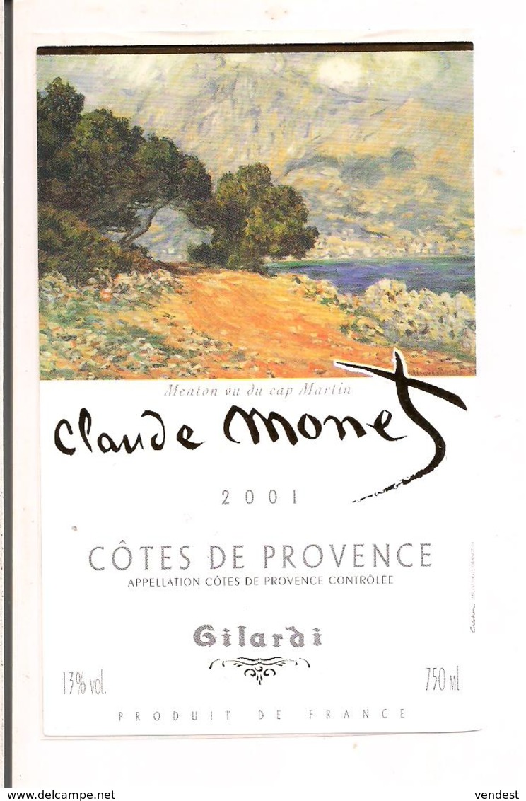 étiquette  Côtes De Provence   2001 Gilardi - Illustration Claude Monet " Menton Vu Du Cap Martin " - - Rosés