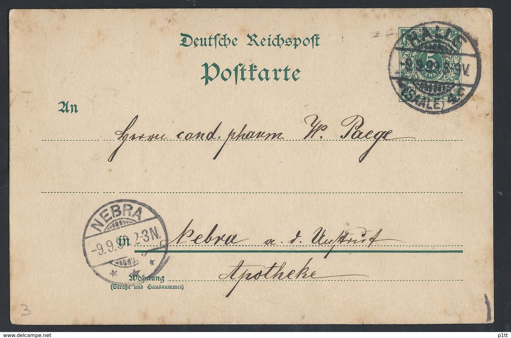 37de.Postkarte 5 Pfenning. Übergabe Der Post Um 9.9.99 Von Der Stadt Galle An Die Stadt Nebra. Rarität - Briefe U. Dokumente