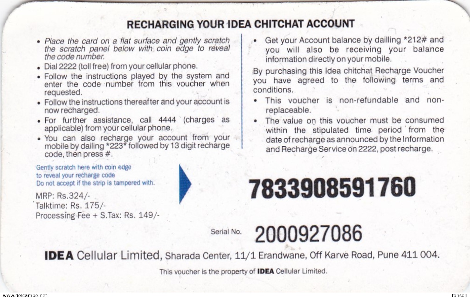 India, IND-ID-0?, Idea, Mobile Recharge Card, Rs.324/-, 2 Scans. - India