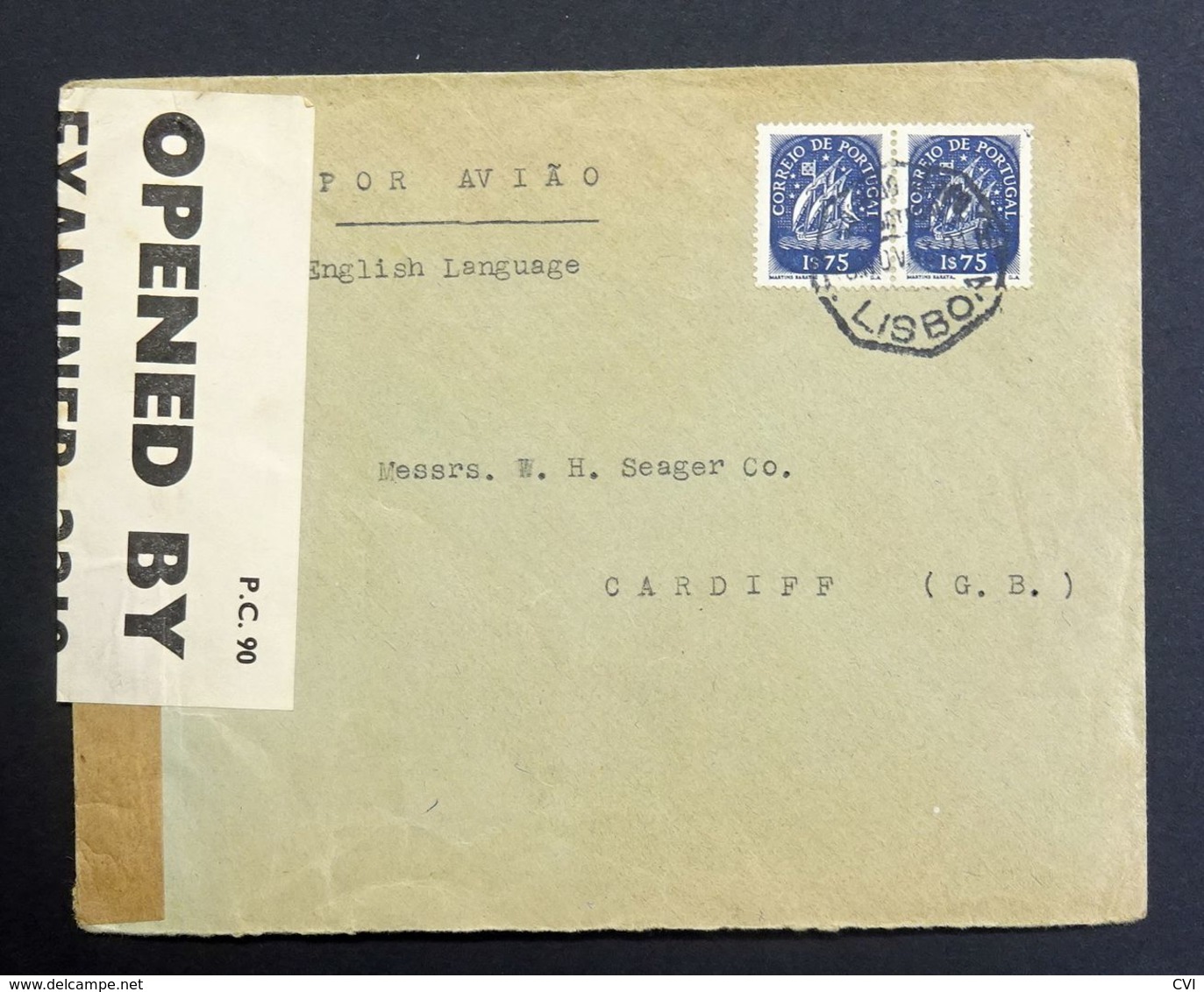 Portugal 1943 Censored Airmail Cover Opened By Examnier 2218, Lisbon To Cardiff UK. - Covers & Documents