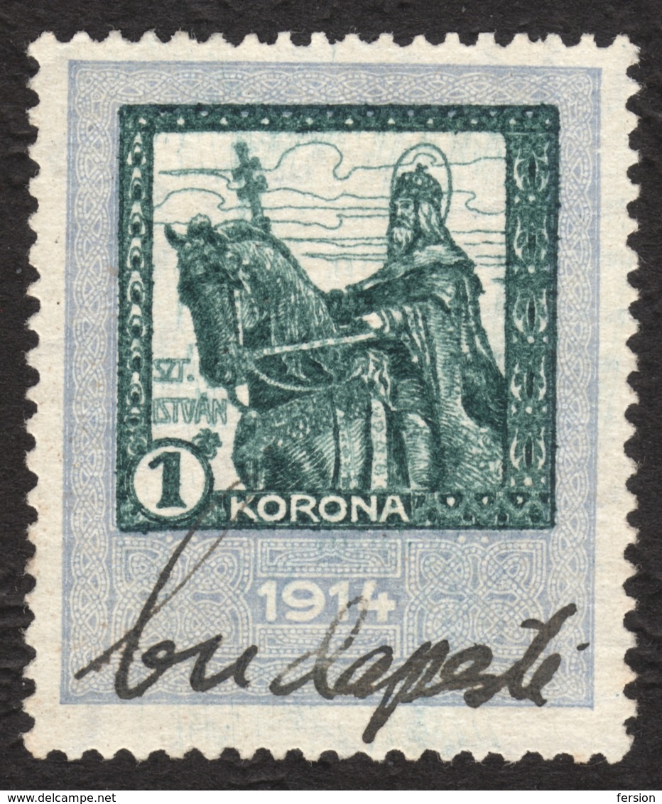 1914 Hungary - Revenue Tax Stamp - 1 K - Used - KING St. Stephen Stephanus / HORSE - Steuermarken