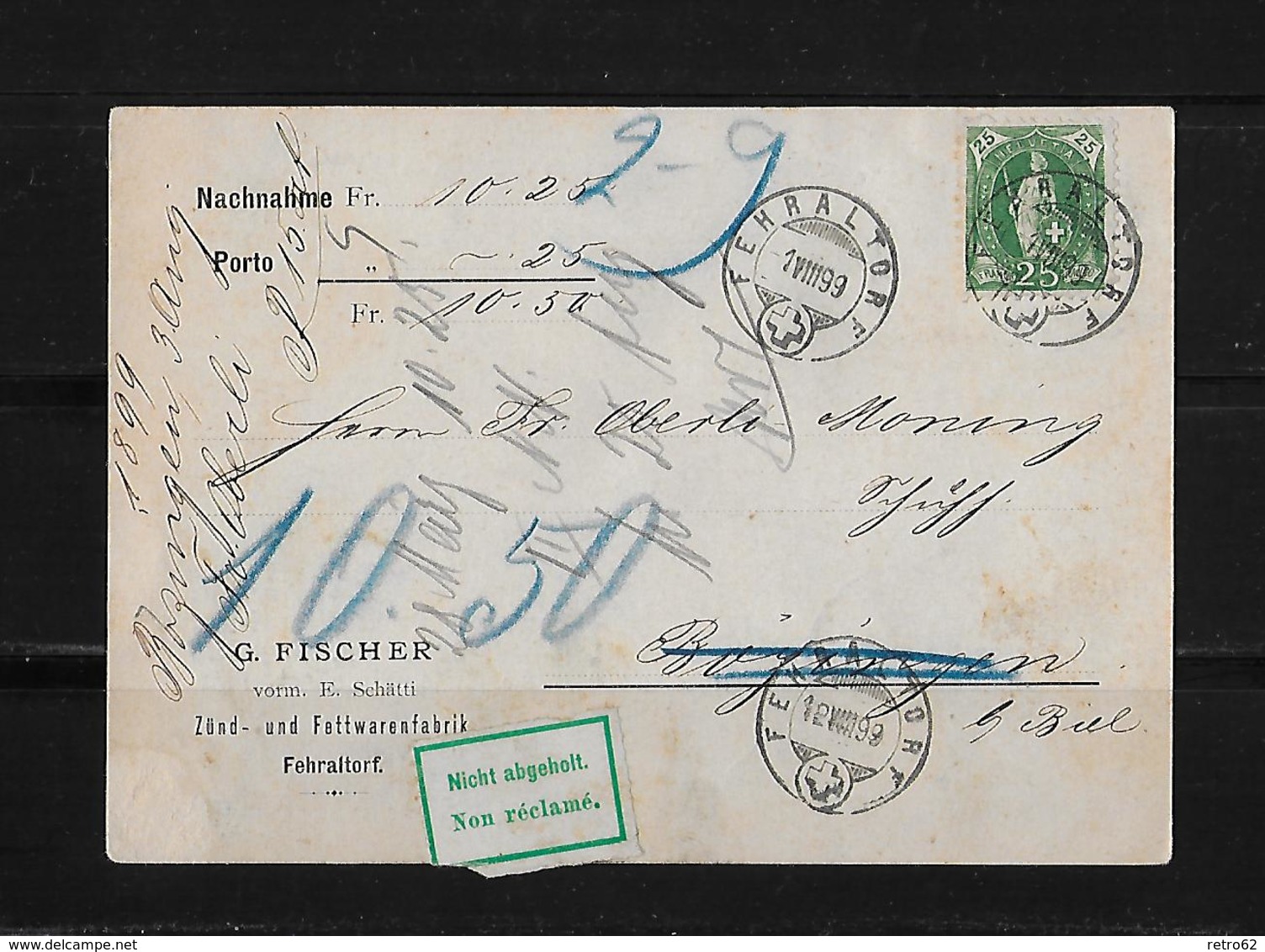 NACHNAHME / REMBOURSEMENT → G.Fischer Fehraltorf Nach Zofingen  ►SBK-67D 1899◄ - Lettres & Documents