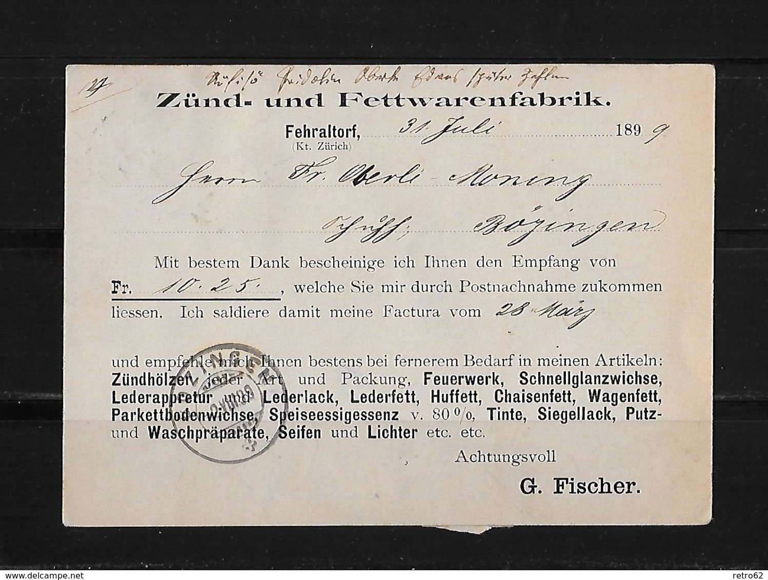 NACHNAHME / REMBOURSEMENT → G.Fischer Fehraltorf Nach Zofingen  ►SBK-67D 1899◄ - Lettres & Documents