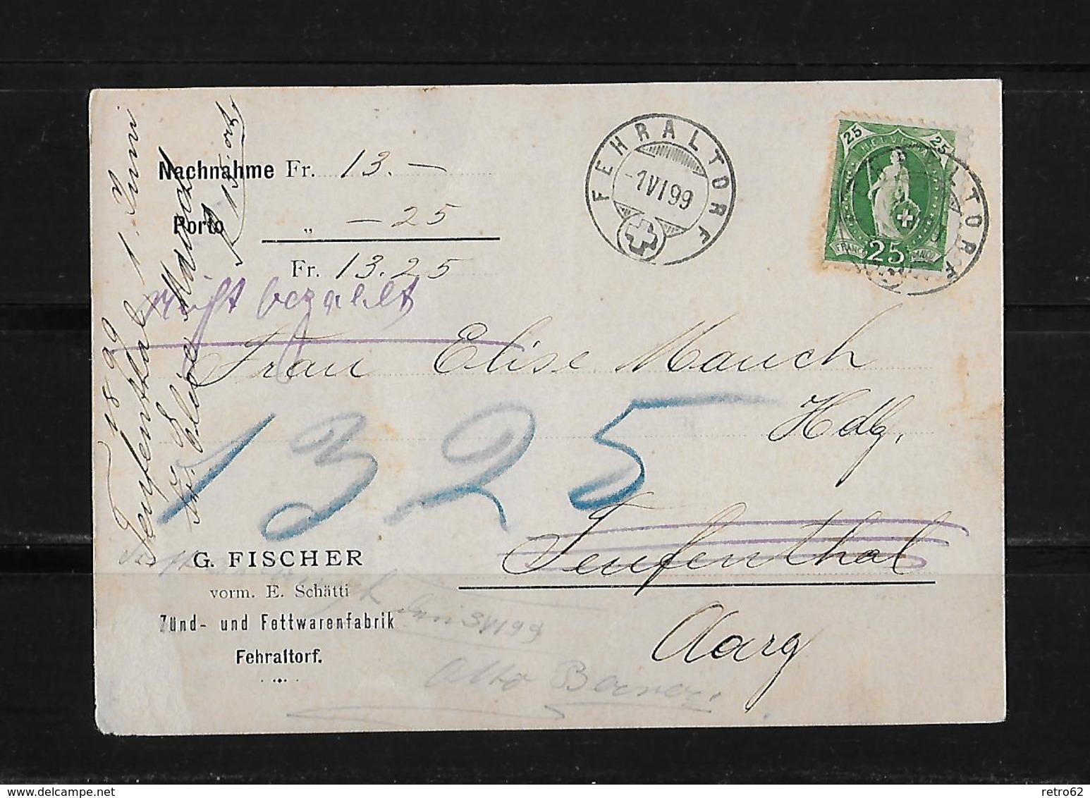 NACHNAHME / REMBOURSEMENT → G.Fischer Fehraltorf Nach Teufenthal   ►SBK-67D 1899◄ - Lettres & Documents