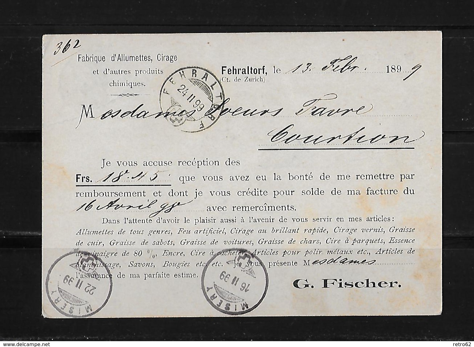 NACHNAHME / REMBOURSEMENT → G.Fischer Fehraltorf Nach Misery Freiburg   ►SBK-67D 1899◄ - Lettres & Documents