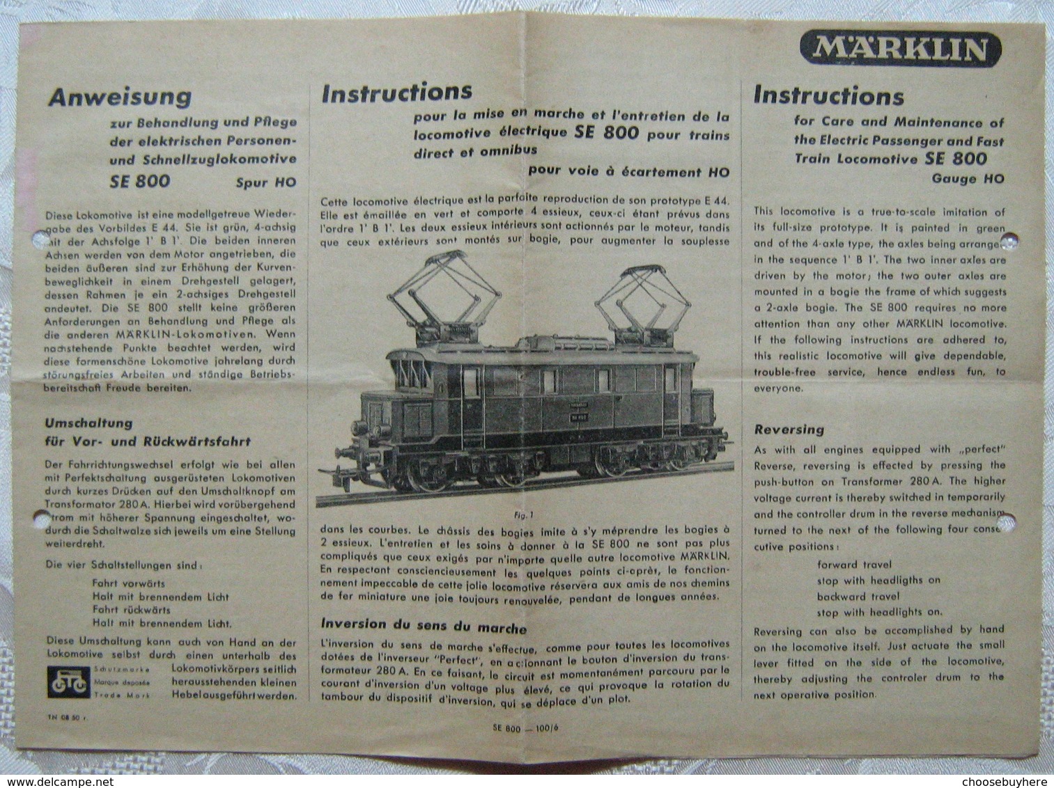 MÄRKLIN H0 Anweisung SE 800 1950 - Locomotive