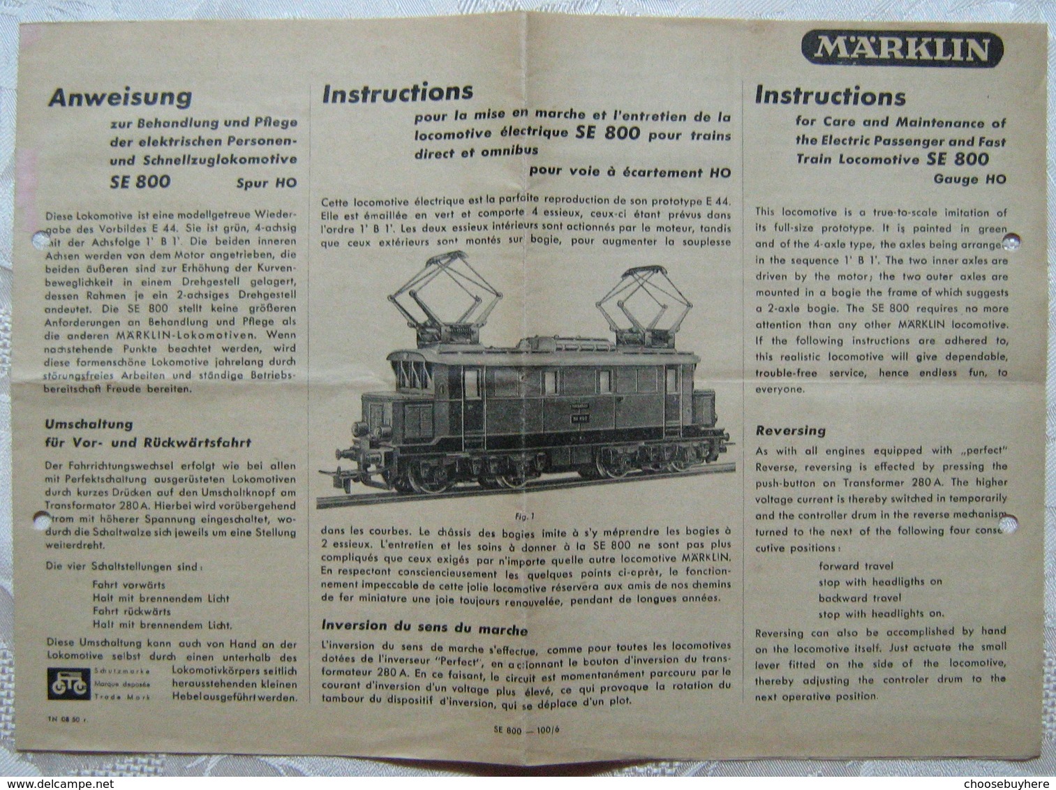 MÄRKLIN H0 Anweisung SE 800 1950 - Locomotieven