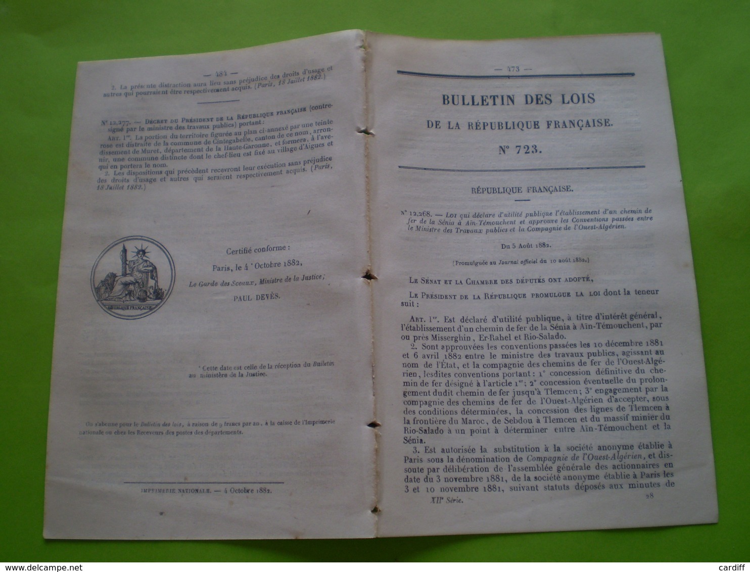 Lois:Algérie Française:chemin De Fer De Sénia à Ain Témouchent.Bornage Fortifications & Polygones; Observatoire Toulouse - Décrets & Lois