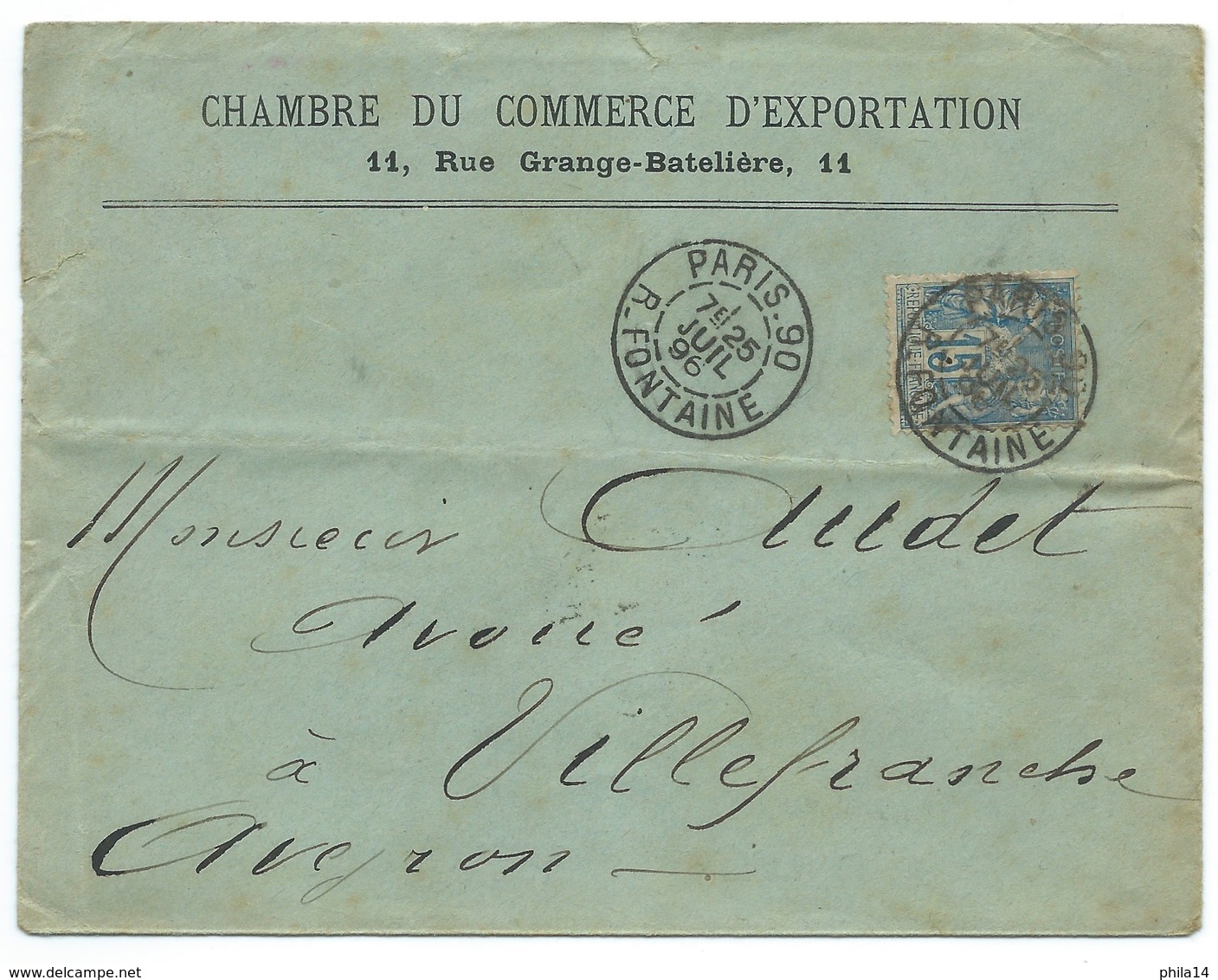 ENVELOPPE 15 C SAGE / PARIS 90 R FONTAINE 1896 / POUR VILLEFRANCHE - 1877-1920: Periodo Semi Moderno