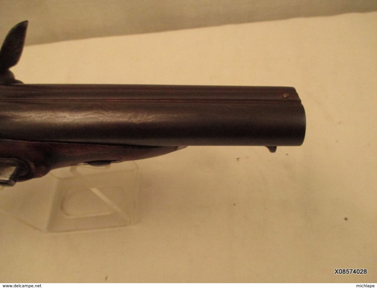 pistolet a silex - de vennerie - long de 38 cm - double canon - crosse renaissance - tres bon fonctionnement