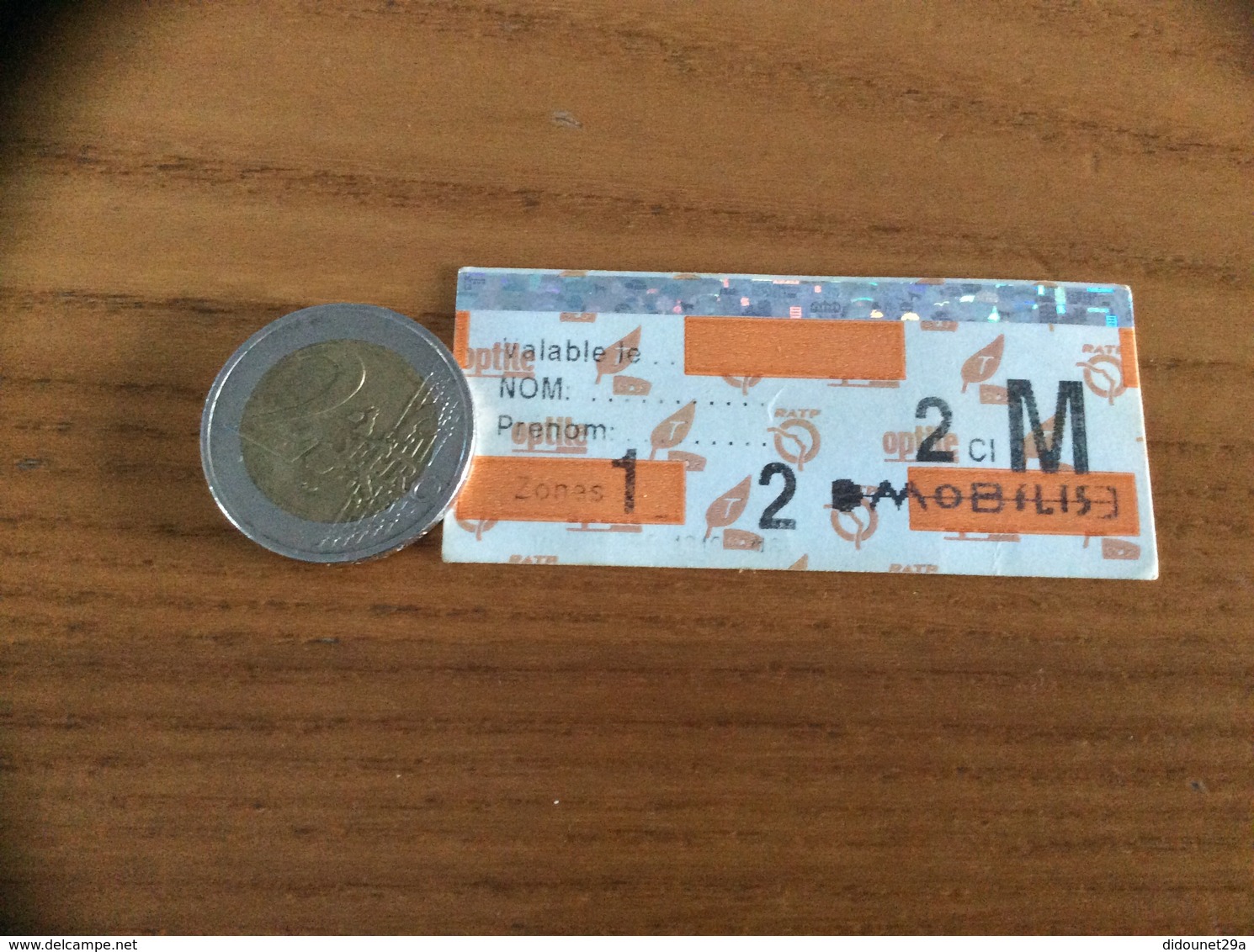 Ticket De Transport (métro, Bus, Train, Tramway) RATP Optile PARIS(75) "MOBILIS Zones 1 2" - Europe