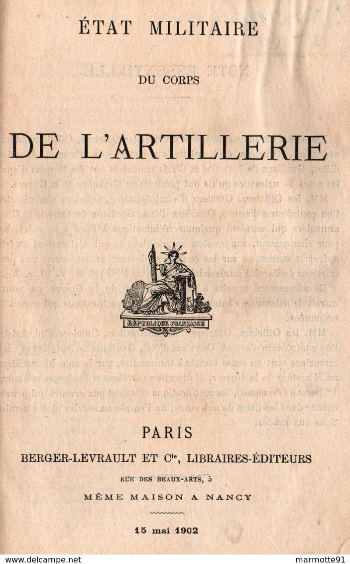 ETAT MILITAIRE DU CORPS DE L ARTILLERIE 1902 LISTE OFFICIERS PERSONNELS REGIMENTS - Francese