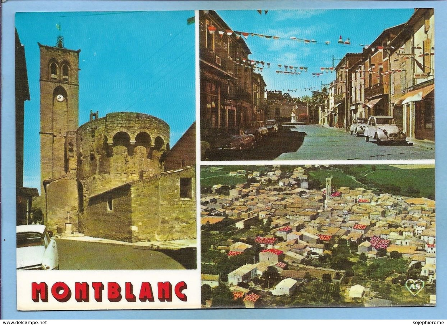 Montblanc (34) église Fortifiée 13e S. Place Du Jeu De Paume Vue Générale Aérienne 2 Scans Citroën 2 CV AMI6 DS - Autres & Non Classés