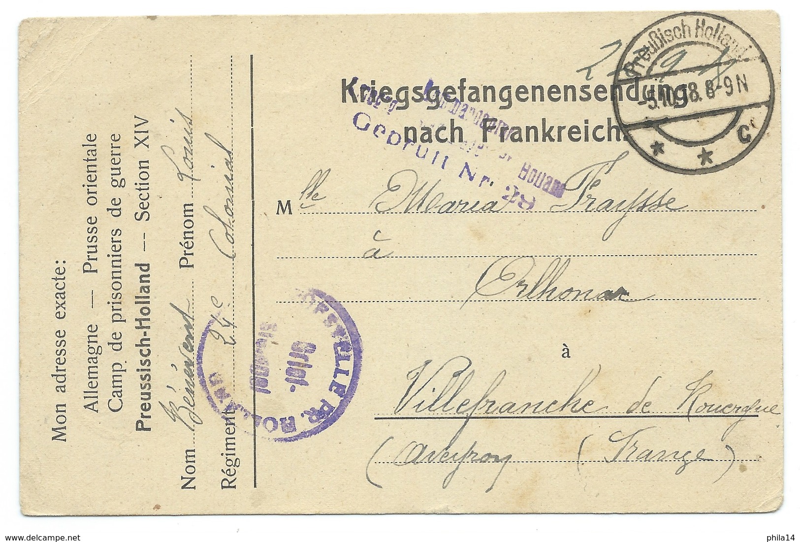 CARTE / KRIEGSGEFANGENENSENDUNG NACH FRANKREICH 1918 / POUR VILLEFRANCHE - Storia Postale