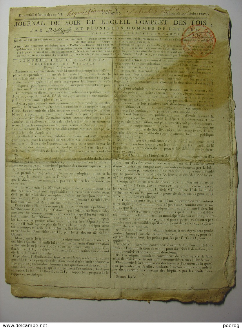 JOURNAL DU SOIR 1797 - TRAITE DE PAIX HONGRIE - PATENTES - DESERTEURS - PRISES MARITIMES MARINE - MONTAUBAN - TARN - Journaux Anciens - Avant 1800