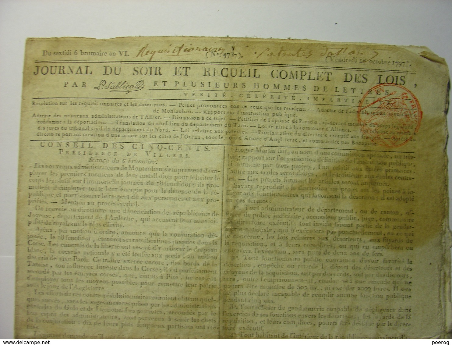 JOURNAL DU SOIR 1797 - TRAITE DE PAIX HONGRIE - PATENTES - DESERTEURS - PRISES MARITIMES MARINE - MONTAUBAN - TARN - Newspapers - Before 1800